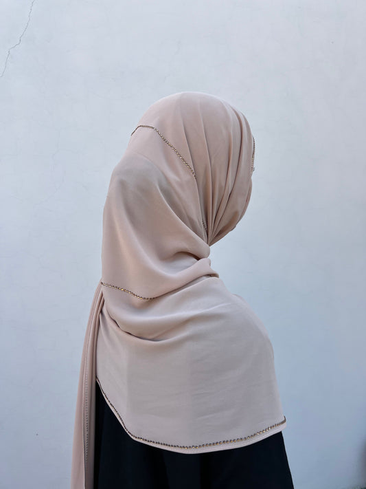 Light Beige Chiffon Rhinestone Hijabs